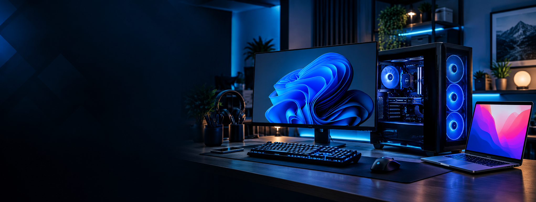 Modern IT munkaállomás számítógéppel és laptoppal